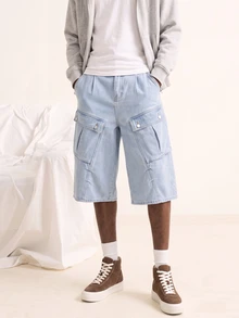 VOXRYNE Men's Casual Mid-Long Wide Leg Denim Shorts, Summer Streetwear - Light Wash - View 5