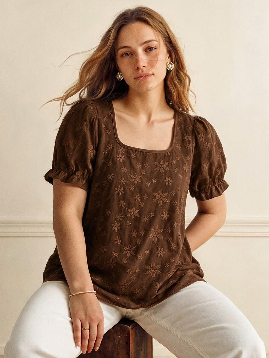 Écloséra Curve Plus Size Women Floral Embroidery Pattern Casual Versatile Daily Wear Shirt - Brown - View 1