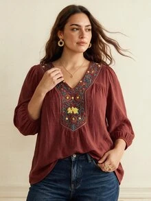 Écloséra Curve 女款刺繡休閒度假百搭寬鬆五分袖襯衫 秋季 - 酒紅色 - 查看 3
