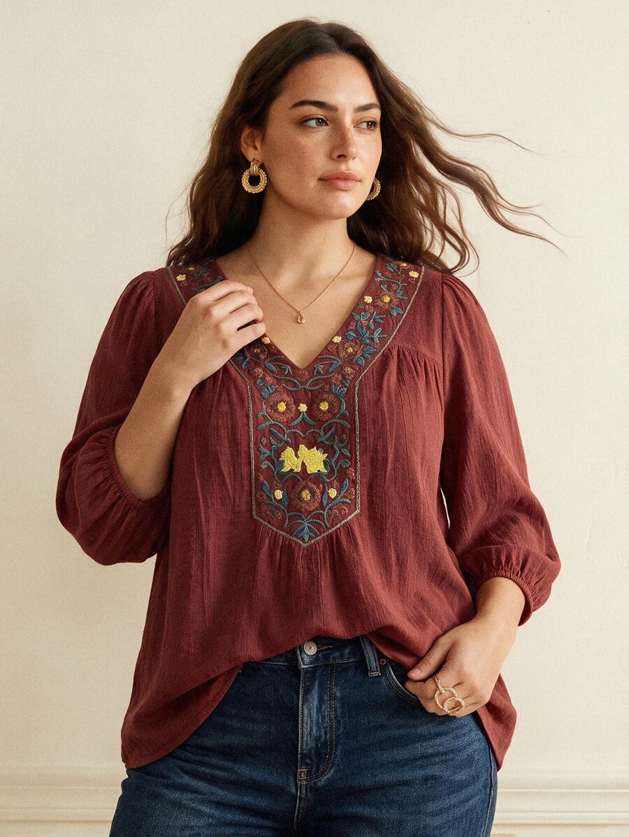 Écloséra Curve Women's Embroidered Casual Vacation Versatile Loose Fit Five-Point Sleeve Shirt Fall - Burgundy - View 1