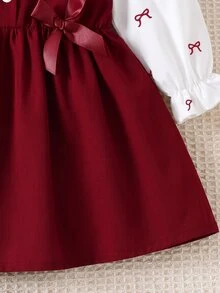 SHEIN Baby Girls' Collared Puff Sleeve 2 In 1 A-Line Dress Burgundy Autumn Cute Bridesmaid Matching Family Back-To-School Formal Sweet Playful Layered Look - Burgundy - View 6