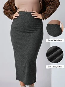 SHEIN BASICS Plus Size High Waist Pencil Skirt Autumn Casual Baggy Traditional Office Formal Vacation Formal Vacation Formal Gray - Dark Grey - View 2