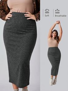 SHEIN BASICS Plus Size High Waist Pencil Skirt Autumn Casual Baggy Traditional Office Formal Vacation Formal Vacation Formal Gray - Dark Grey - View 7