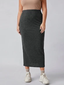 SHEIN BASICS Plus Size High Waist Pencil Skirt Autumn Casual Baggy Traditional Office Formal Vacation Formal Vacation Formal Gray - Dark Grey - View 6