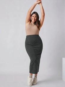 SHEIN BASICS Plus Size High Waist Pencil Skirt Autumn Casual Baggy Traditional Office Formal Vacation Formal Vacation Formal Gray - Dark Grey - View 8