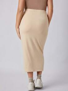 SHEIN BASICS Plus Size Women Solid Color Minimalist Kawaii Traditional Casual Everyday Brunch Vacation Formal Knit Maxi Skirt Formal Beige Autumn Fall Formal - Apricot - View 3