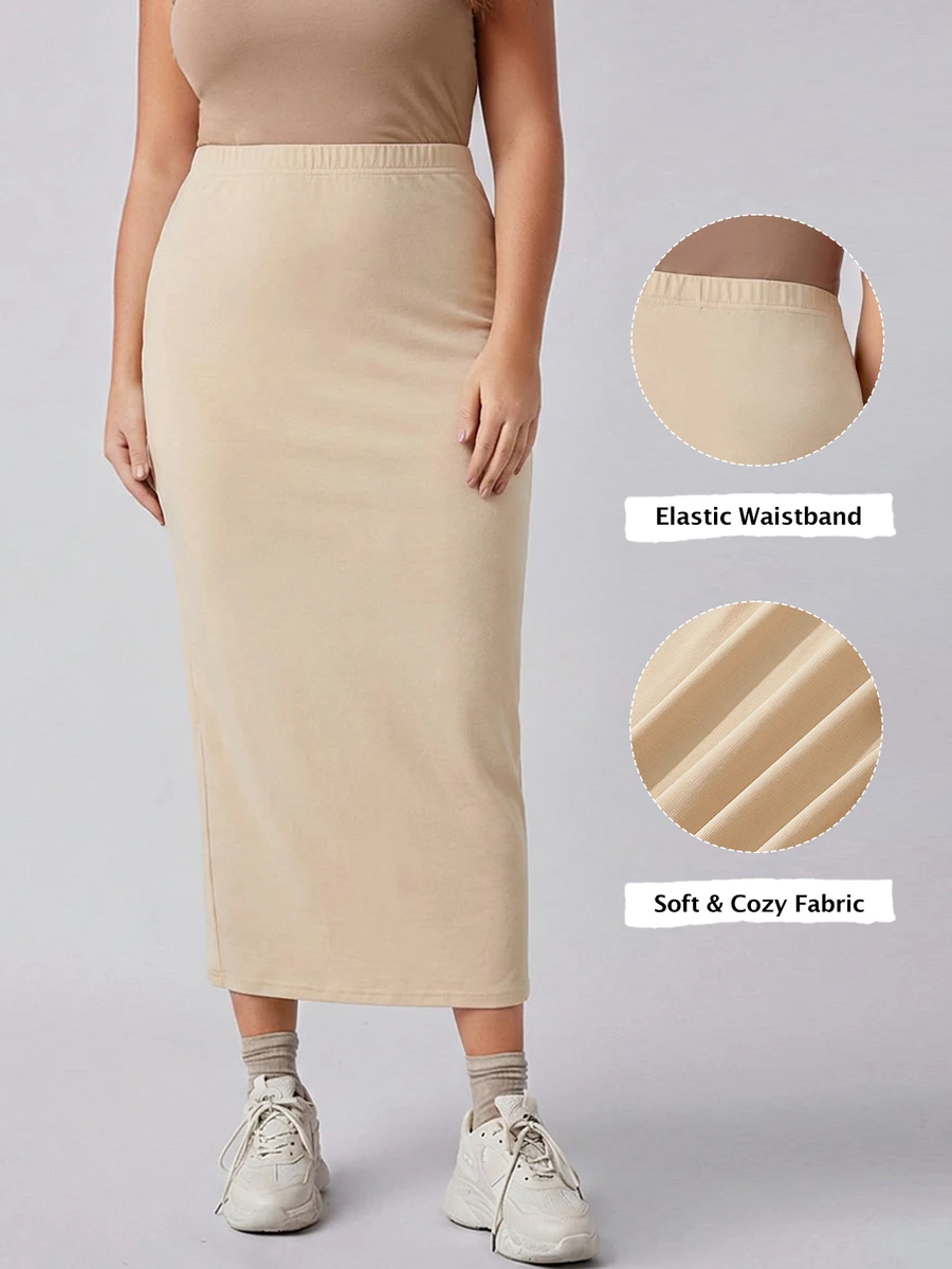 SHEIN BASICS Plus Size Women Solid Color Minimalist Kawaii Traditional Casual Everyday Brunch Vacation Formal Knit Maxi Skirt Formal Beige Autumn Fall Formal