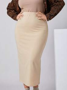 SHEIN BASICS Plus Size Women Solid Color Minimalist Kawaii Traditional Casual Everyday Brunch Vacation Formal Knit Maxi Skirt Formal Beige Autumn Fall Formal - Apricot - View 4