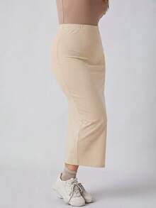 SHEIN BASICS Plus Size Women Solid Color Minimalist Kawaii Traditional Casual Everyday Brunch Vacation Formal Knit Maxi Skirt Formal Beige Autumn Fall Formal - Apricot - View 6