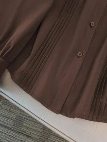 Écloséra Curve 大码女式长袖中式立领条纹休闲纯色荷叶边袖口衬衫，适合日常通勤 - 棕色 - 查看 3