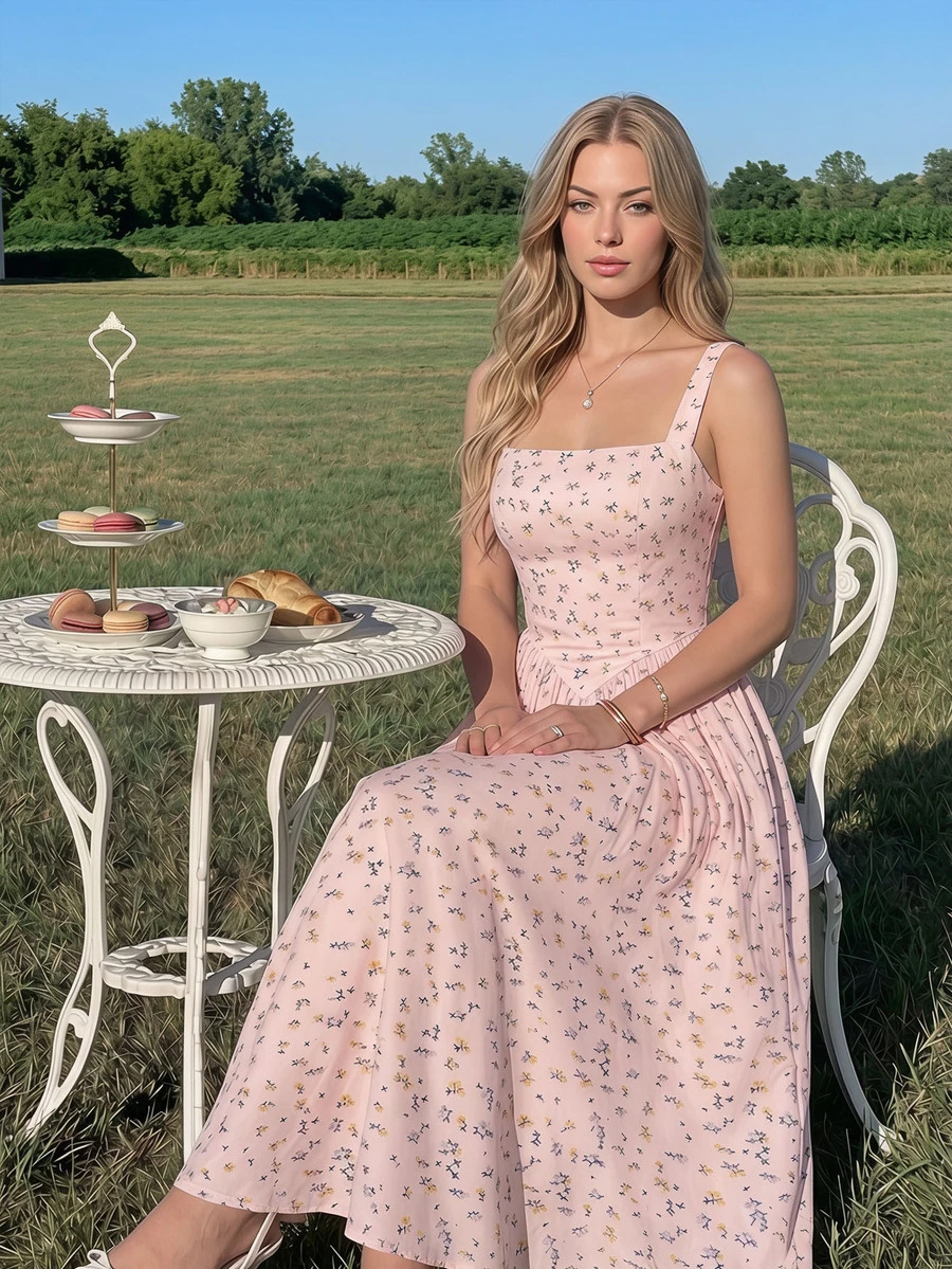 Skyraze Elegant Cottage Tropical A-Line Sleeveless Midi Dress With Ditsy Floral Pattern For Women, Picnic Tea Party Vacation, Banquet, Summer - Baby Pink - View 1