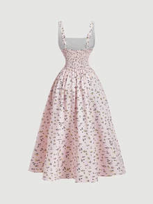 Skyraze Elegant Cottage Tropical A-Line Sleeveless Midi Dress With Ditsy Floral Pattern For Women, Picnic Tea Party Vacation, Banquet, Summer - Baby Pink - View 4