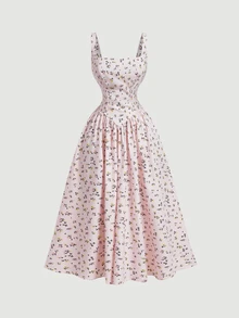 Skyraze Elegant Cottage Tropical A-Line Sleeveless Midi Dress With Ditsy Floral Pattern For Women, Picnic Tea Party Vacation, Banquet, Summer - Baby Pink - View 3