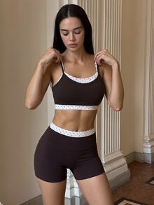 Fluxe Women 2 Piece Gym Set Padded Wide Strap Sports Bra & High Waist Biker Shorts Contrast Dot Trim Workout Yoga Fitness Sportswear Activewear - Brown - View 2