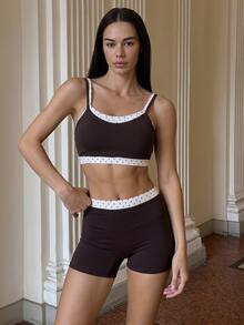 Fluxe Women 2 Piece Gym Set Padded Wide Strap Sports Bra & High Waist Biker Shorts Contrast Dot Trim Workout Yoga Fitness Sportswear Activewear - Brown - View 3