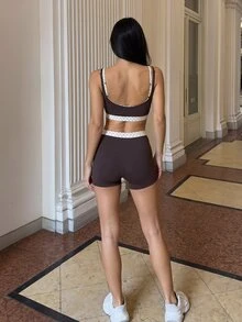 Fluxe Women 2 Piece Gym Set Padded Wide Strap Sports Bra & High Waist Biker Shorts Contrast Dot Trim Workout Yoga Fitness Sportswear Activewear - Brown - View 7