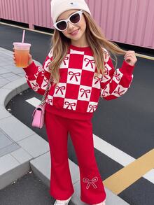 Little Girls 2Pcs Outfit, Checkered Bow Print Long Sleeve Top Flared Pants Set, Casual Baby Christmas New Year Birthday White Red Fall - Red - View 5