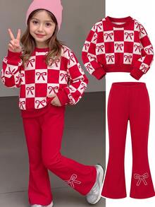 Little Girls 2Pcs Outfit, Checkered Bow Print Long Sleeve Top Flared Pants Set, Casual Baby Christmas New Year Birthday White Red Fall - Red - View 2