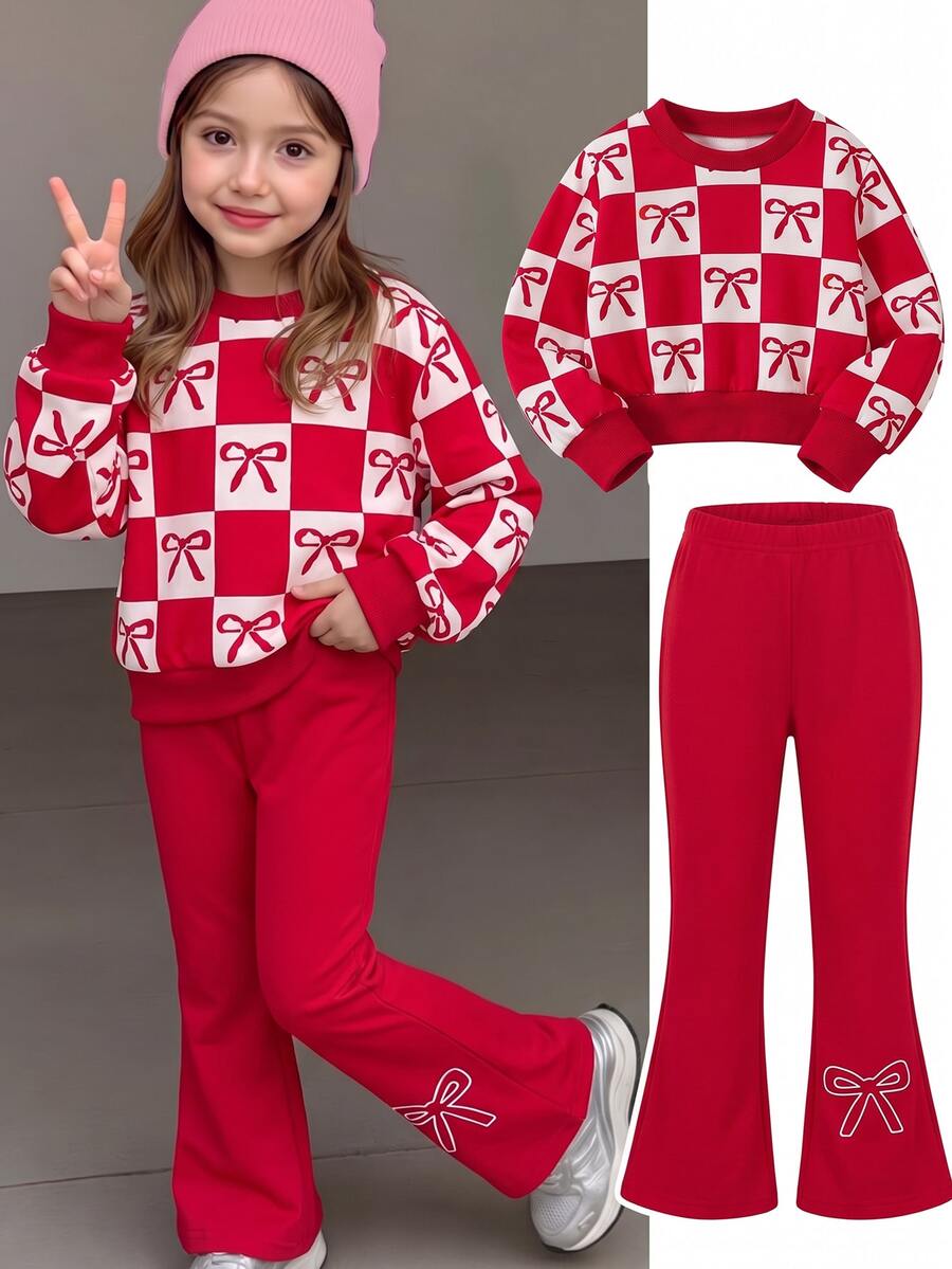 Little Girls 2Pcs Outfit, Checkered Bow Print Long Sleeve Top Flared Pants Set, Casual Baby Christmas New Year Birthday White Red Fall