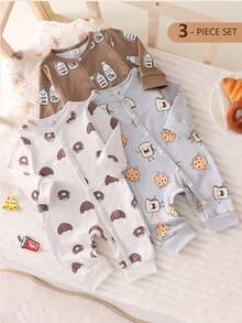SHEIN Newborn Korean Style Light Grey Brown And Pink Light Juice Milk Bread Pattern Long Sleeve Jumpsuit Outfit Set Fall Family Coming - Multicolor - View 2