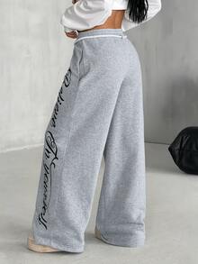 Coolane Women's Winter Fleece Chic Elegant Casual Going Out Relaxed Warm Minimalist Grey Graphic Print Drawstring Polyester Joggers - Grey - View 8