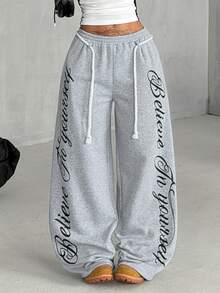 Coolane Women's Winter Fleece Chic Elegant Casual Going Out Relaxed Warm Minimalist Grey Graphic Print Drawstring Polyester Joggers - Grey - View 2
