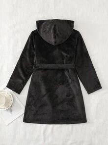 SHEIN 男童毛絨針織黑色保暖內裡加厚阻燃連帽家居睡袍浴袍 - 黑色 - 查看 2
