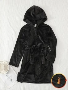 SHEIN 男童毛絨針織黑色保暖內裡加厚阻燃連帽家居睡袍浴袍 - 黑色 - 查看 3