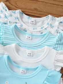 SHEIN Perso Play 8件組幼兒女嬰連身褲可愛白色藍色花卉蝴蝶結短袖圓領標準版型舒適秋季公主風女童假日冬季休閒 - 彩色 - 查看 4