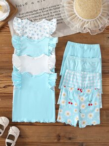 SHEIN Perso Play 8件組幼兒女嬰連身褲可愛白色藍色花卉蝴蝶結短袖圓領標準版型舒適秋季公主風女童假日冬季休閒 - 彩色 - 查看 2