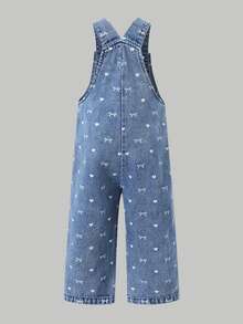 SHEIN Girls' Denim Jumpsuit With Bow And Pocket Decoration, Fashionable And Versatile, Loose Straight Leg Fit, Suitable For Spring, Summer And Autumn, Perfect For Daily Wear, Adding More Options To Baby's Wardrobe - Blue - View 2