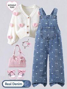 SHEIN Girls' Denim Jumpsuit With Bow And Pocket Decoration, Fashionable And Versatile, Loose Straight Leg Fit, Suitable For Spring, Summer And Autumn, Perfect For Daily Wear, Adding More Options To Baby's Wardrobe - Blue - View 3