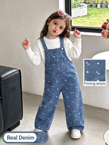 SHEIN Girls' Denim Jumpsuit With Bow And Pocket Decoration, Fashionable And Versatile, Loose Straight Leg Fit, Suitable For Spring, Summer And Autumn, Perfect For Daily Wear, Adding More Options To Baby's Wardrobe - Blue - View 4