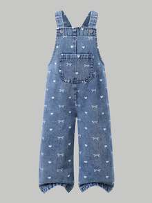 SHEIN Girls' Denim Jumpsuit With Bow And Pocket Decoration, Fashionable And Versatile, Loose Straight Leg Fit, Suitable For Spring, Summer And Autumn, Perfect For Daily Wear, Adding More Options To Baby's Wardrobe - Blue - View 5