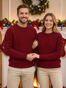 Manfinity Homme Men's Red Top Color Long Sleeve Drop Shoulder Crew Neck Casual Sweater, Autumn/Winter Christmas Holiday Couple Matching Outfit - Burgundy - View 3