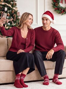 Manfinity Homme Men's Red Top Color Long Sleeve Drop Shoulder Crew Neck Casual Sweater, Autumn/Winter Christmas Holiday Couple Matching Outfit - Burgundy - View 1