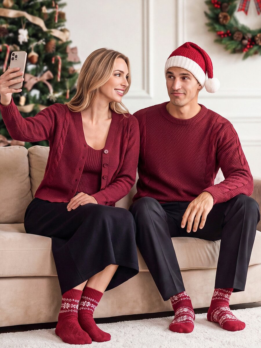 Manfinity Homme Men's Red Top Color Long Sleeve Drop Shoulder Crew Neck Casual Sweater, Autumn/Winter Christmas Holiday Couple Matching Outfit - Burgundy - View 1