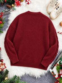 Manfinity Homme Men's Red Top Color Long Sleeve Drop Shoulder Crew Neck Casual Sweater, Autumn/Winter Christmas Holiday Couple Matching Outfit - Burgundy - View 6