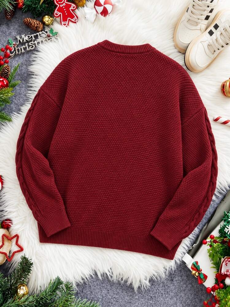 Manfinity Homme Men's Red Top Color Long Sleeve Drop Shoulder Crew Neck Casual Sweater, Autumn/Winter Christmas Holiday Couple Matching Outfit - Burgundy - View 6