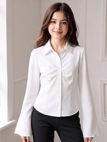 SHEIN Teen Girls Blouses School Sixth Form White Fall Casual Napoleon Elegant Formal Birthday Gifts - White - View 2