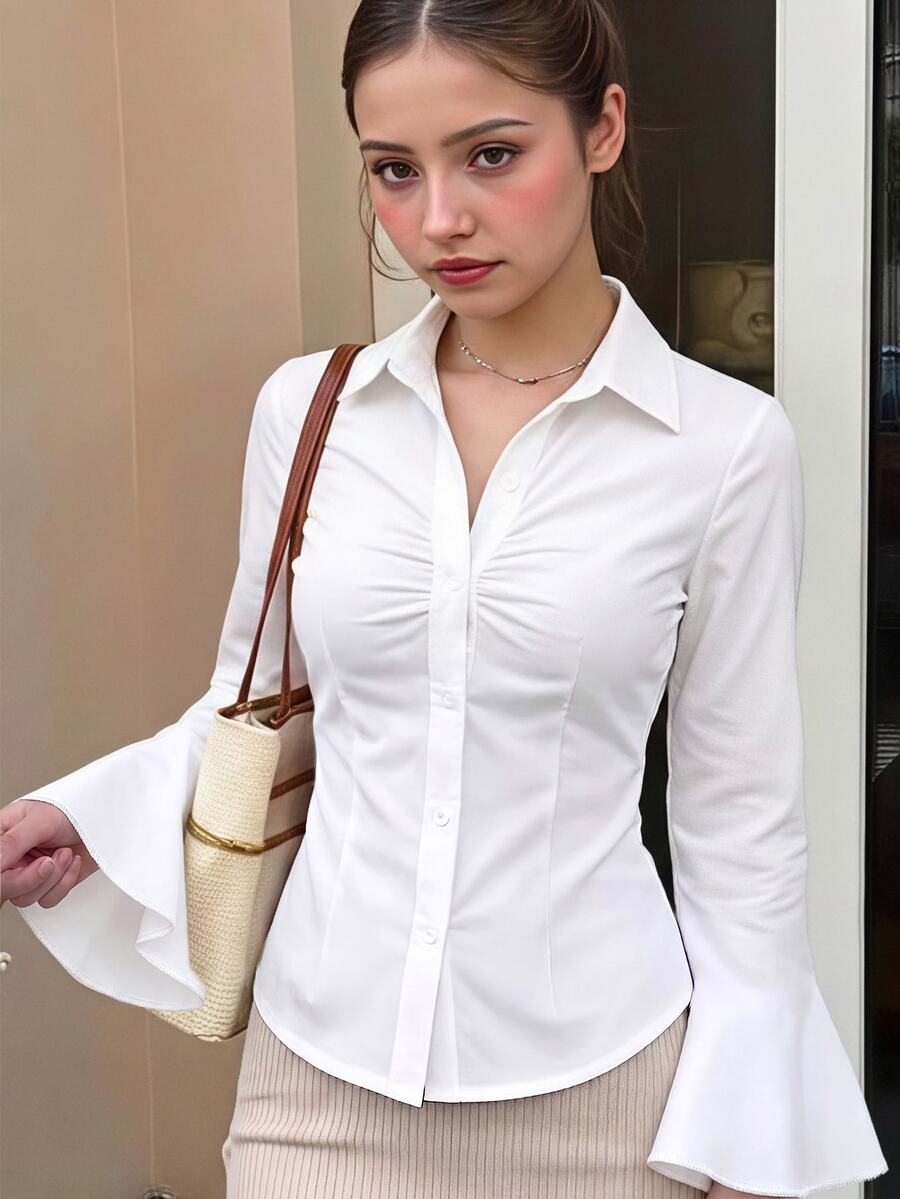 SHEIN Teen Girls Blouses School Sixth Form White Fall Casual Napoleon Elegant Formal Birthday Gifts - White - View 1