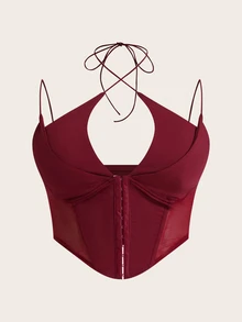 SHEIN ICON Plus Summer Hook And Eye Contrast Mesh Burgundy Crop Corset Cami Top - Burgundy - View 3