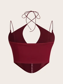 SHEIN ICON Plus Summer Hook And Eye Contrast Mesh Burgundy Crop Corset Cami Top - Burgundy - View 2