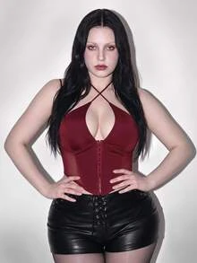 SHEIN ICON Plus Summer Hook And Eye Contrast Mesh Burgundy Crop Corset Cami Top - Burgundy - View 1