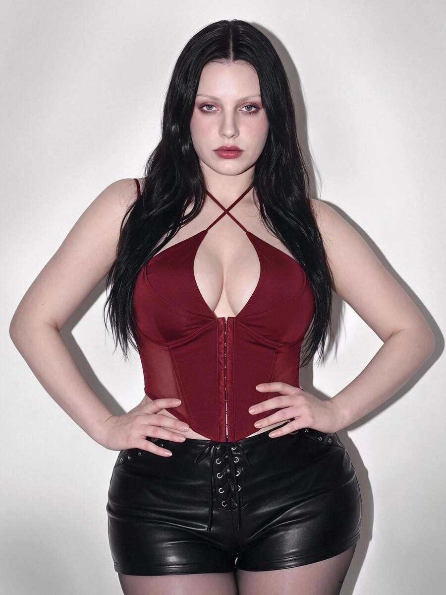 SHEIN ICON Plus Summer Hook And Eye Contrast Mesh Burgundy Crop Corset Cami Top - Burgundy - View 1