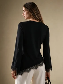 Briarwyn Women's Solid Color Elegant High Neck Long Sleeve Lace Patchwork Hem T-Shirt, Suitable For Daily Wear And Office Outfits, Autumn/Winter - Black - View 5