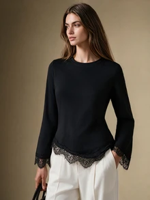 Briarwyn Women's Solid Color Elegant High Neck Long Sleeve Lace Patchwork Hem T-Shirt, Suitable For Daily Wear And Office Outfits, Autumn/Winter - Black - View 4