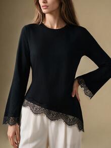 Briarwyn Women's Solid Color Elegant High Neck Long Sleeve Lace Patchwork Hem T-Shirt, Suitable For Daily Wear And Office Outfits, Autumn/Winter - Black - View 1