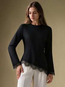 Briarwyn Women's Solid Color Elegant High Neck Long Sleeve Lace Patchwork Hem T-Shirt, Suitable For Daily Wear And Office Outfits, Autumn/Winter - Black - View 7