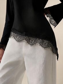 Briarwyn Women's Solid Color Elegant High Neck Long Sleeve Lace Patchwork Hem T-Shirt, Suitable For Daily Wear And Office Outfits, Autumn/Winter - Black - View 2